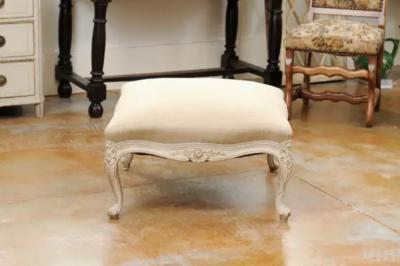 Swedish 19th Century Rococo Style Painted Upholstered Stool with Carved Shells