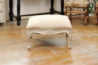 Swedish 19th Century Rococo Style Painted Upholstered Stool with Carved Shells