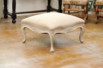 Swedish 19th Century Rococo Style Painted Upholstered Stool with Carved Shells