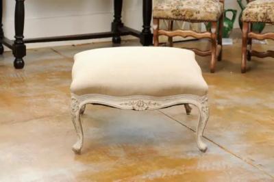 Swedish 19th Century Rococo Style Painted Upholstered Stool with Carved Shells