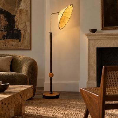 Swedish Art Deco Adjustable Floor Lamp Birch Brass Fabric Sweden 1930s