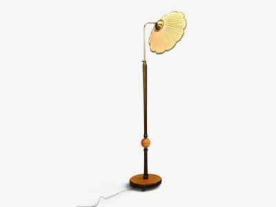 Swedish Art Deco Adjustable Floor Lamp Birch Brass Fabric Sweden 1930s