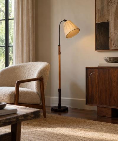 Swedish Art Deco Adjustable Floor Lamp Birch Metal Sweden 1930s