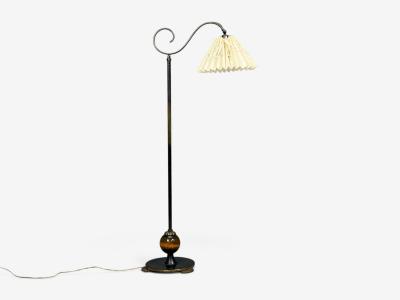 Swedish Art Deco Floor Lamp Patinated Brass Wood Fabric Sweden 1920s