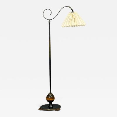 Swedish Art Deco Floor Lamp Patinated Brass Wood Fabric Sweden 1920s