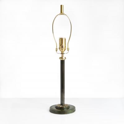 Swedish Art Deco patinated and polished brass column lamp with lotus flower 