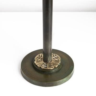 Swedish Art Deco patinated and polished brass column lamp with lotus flower 