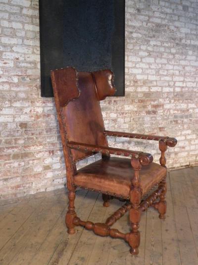 Swedish Baroque 17th Century Leather Covered Wing Back Armchair