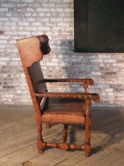 Swedish Baroque 17th Century Leather Covered Wing Back Armchair
