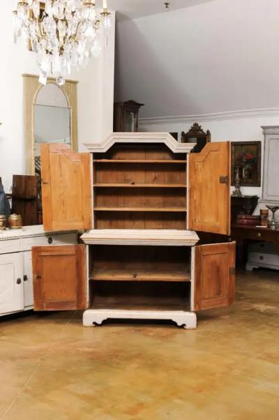 Swedish Baroque Period 1760 Painted Two Part Cabinet with Four Doors