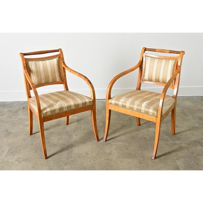 Swedish Biedermeier Style Pair of Carved Birch Armchairs