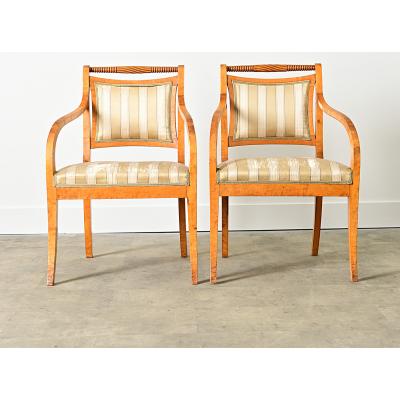 Swedish Biedermeier Style Pair of Carved Birch Armchairs