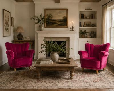 Swedish Cabinetmaker Lounge Chairs Red Velvet Lacquered Wood Sweden 1940s