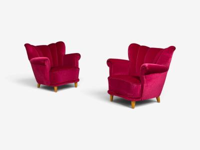 Swedish Cabinetmaker Lounge Chairs Red Velvet Lacquered Wood Sweden 1940s
