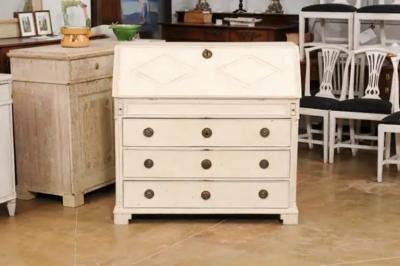 Swedish Gustavian 1790s Painted Slant Front Desk with Carved Diamond Motifs