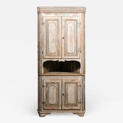 Swedish Gustavian Period 1800s Corner Cabinet with Carved Doors and Open Shelf