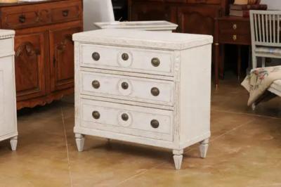 Swedish Gustavian Style 1880s Three Drawer Painted Chest with Carved D cor