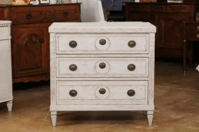 Swedish Gustavian Style 1880s Three Drawer Painted Chest with Carved D cor