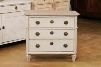 Swedish Gustavian Style 1890s Painted Three Drawer Chest with Carved Foliage