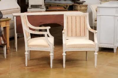 Swedish Gustavian Style 1900 Painted Wood Armchairs with Carved Aprons