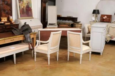 Swedish Gustavian Style 1900 Painted Wood Armchairs with Carved Aprons
