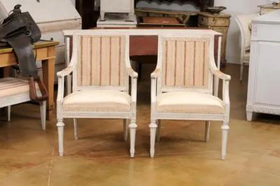 Swedish Gustavian Style 1900 Painted Wood Armchairs with Carved Aprons