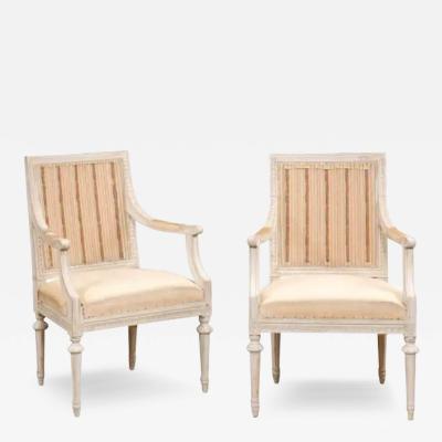 Swedish Gustavian Style 1900 Painted Wood Armchairs with Carved Aprons