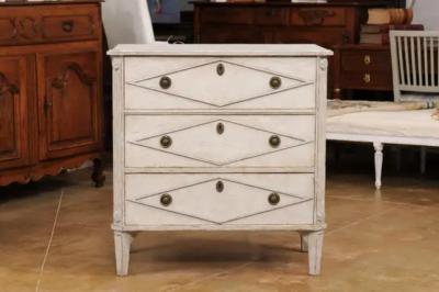 Swedish Gustavian Style 1900s Painted Three Drawer Chest with Diamond Motifs
