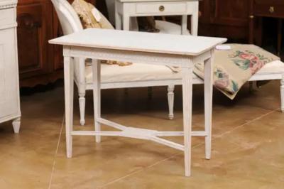Swedish Gustavian Style 1900s Painted Wood Console Table with Carved Apron