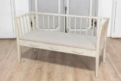 Swedish Gustavian Style Gray Painted Sofa Bench with Raised Diamond Motifs