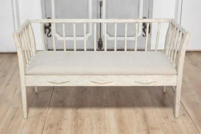 Swedish Gustavian Style Gray Painted Sofa Bench with Raised Diamond Motifs