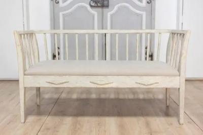 Swedish Gustavian Style Gray Painted Sofa Bench with Raised Diamond Motifs