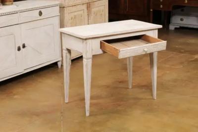 Swedish Gustavian Style Painted Side Table with Reeded Drawer and Tapered Legs