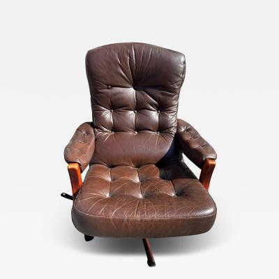 Swedish Mid Century Modern Leather Tufted Swivel Adjustable Armchair