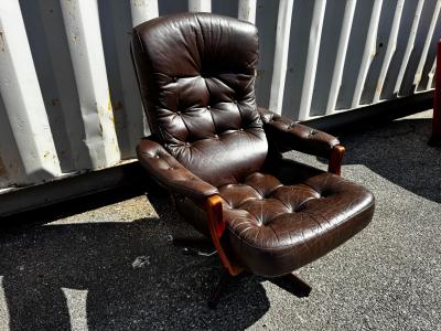 Swedish Mid Century Modern Leather Tufted Swivel Adjustable Armchair