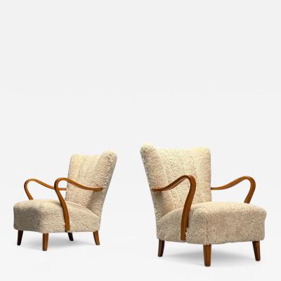 Swedish Mid Century Modern Lounge Chairs Beige Sheepskin Oak Sweden 1940s