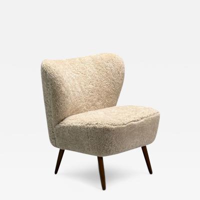 Swedish Mid Century Modern Shearling Slipper Chair Beige Sheepskin Beech