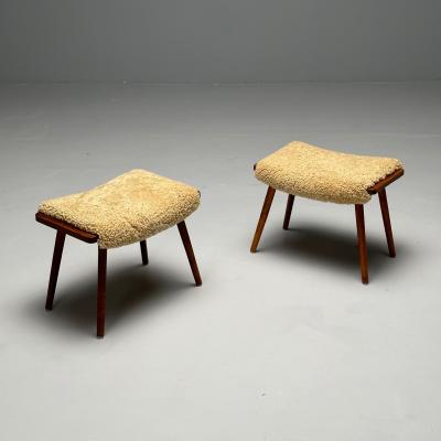 Swedish Mid Century Modern Stools Honey Sheepskin Walnut Sweden 1970s