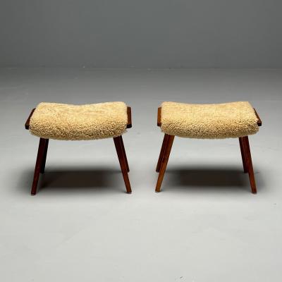 Swedish Mid Century Modern Stools Honey Sheepskin Walnut Sweden 1970s