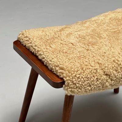 Swedish Mid Century Modern Stools Honey Sheepskin Walnut Sweden 1970s
