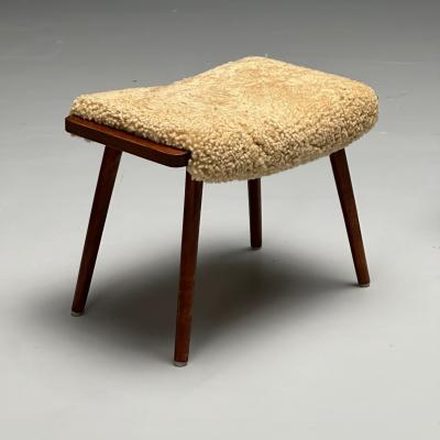 Swedish Mid Century Modern Stools Honey Sheepskin Walnut Sweden 1970s
