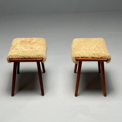 Swedish Mid Century Modern Stools Honey Sheepskin Walnut Sweden 1970s