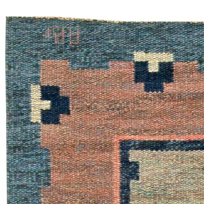 Swedish Midcentury Light Gray Blue and Pink Handwoven Wool Rug by ABJ 