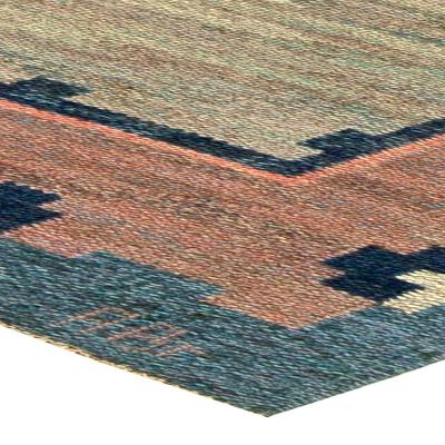 Swedish Midcentury Light Gray Blue and Pink Handwoven Wool Rug by ABJ 