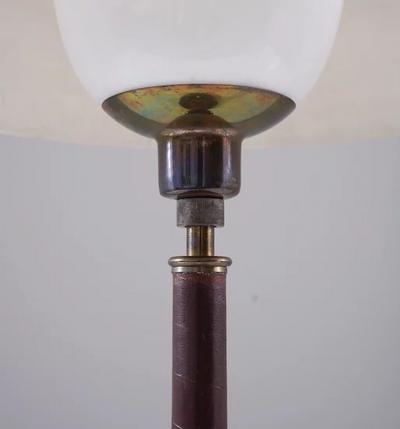 Swedish Midcentury Table Lamp in Brass Glass and Leather
