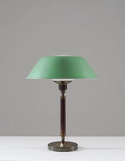 Swedish Midcentury Table Lamp in Brass Glass and Leather
