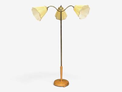 Swedish Modern Adjustable Floor Lamp Birch Brass Silk Sweden 1950s