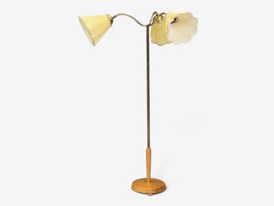 Swedish Modern Adjustable Floor Lamp Birch Brass Silk Sweden 1950s