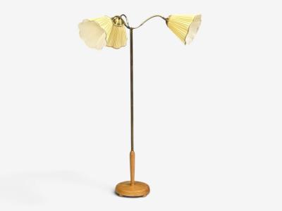 Swedish Modern Adjustable Floor Lamp Birch Brass Silk Sweden 1950s