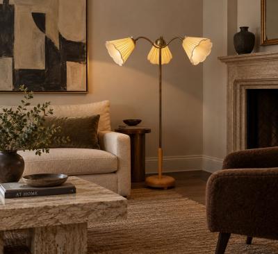 Swedish Modern Adjustable Floor Lamp Birch Brass Silk Sweden 1950s